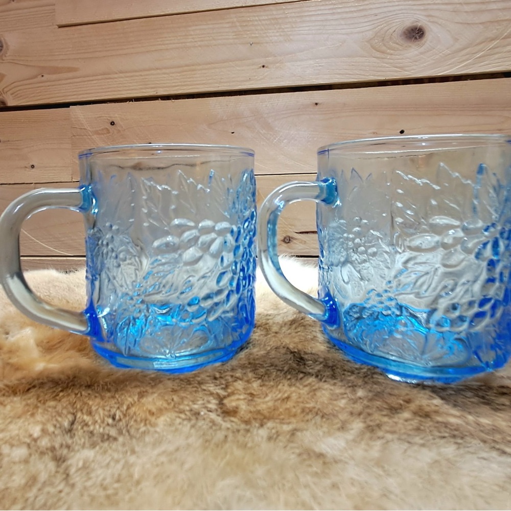 Vintage KIG Indonesia ice blue embossed fruit pattern Glass Mugs